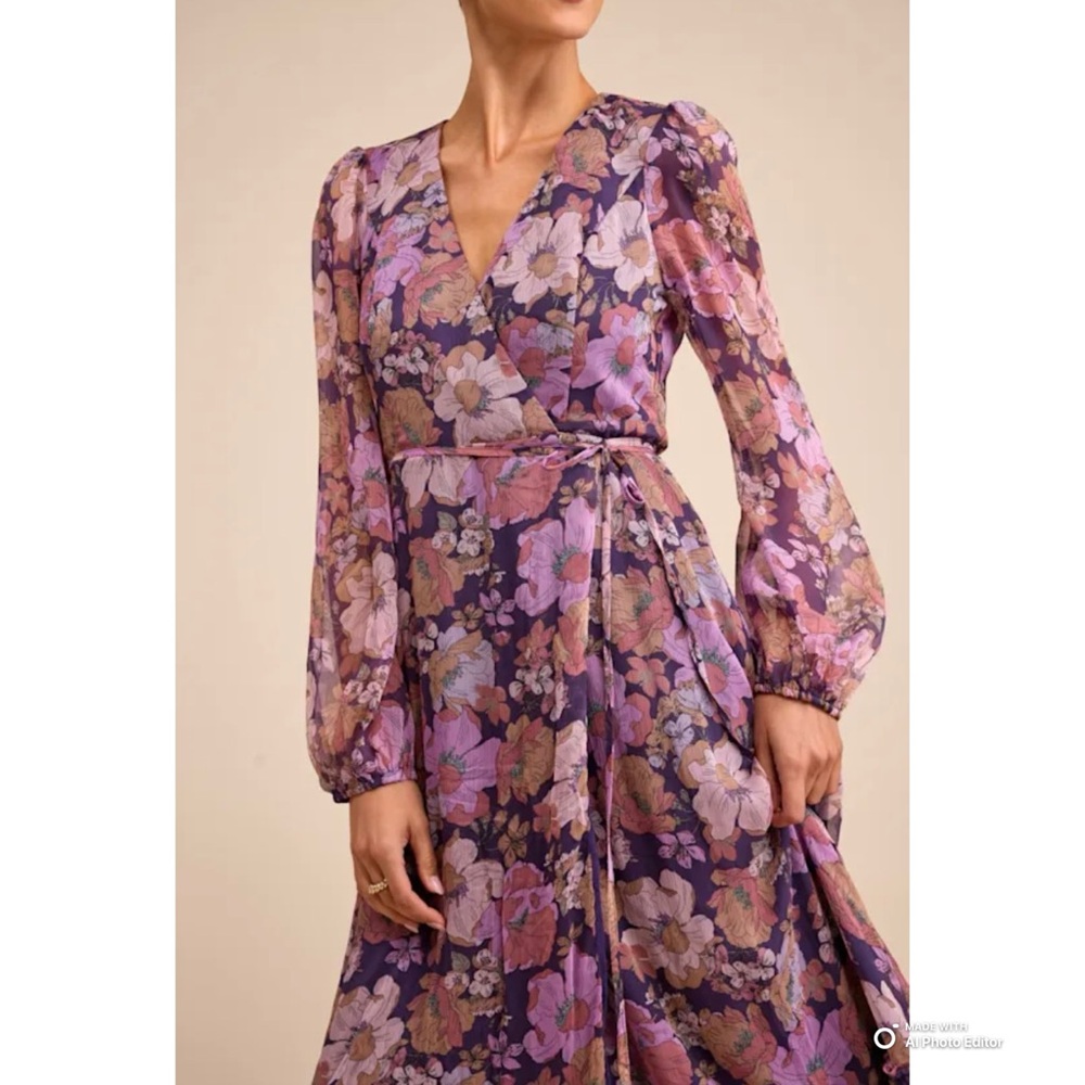Lulus XL Feeling Sweet Purple Floral Print Long Sleeve Wrap Maxi Dress NWT - Picture 4 of 16
